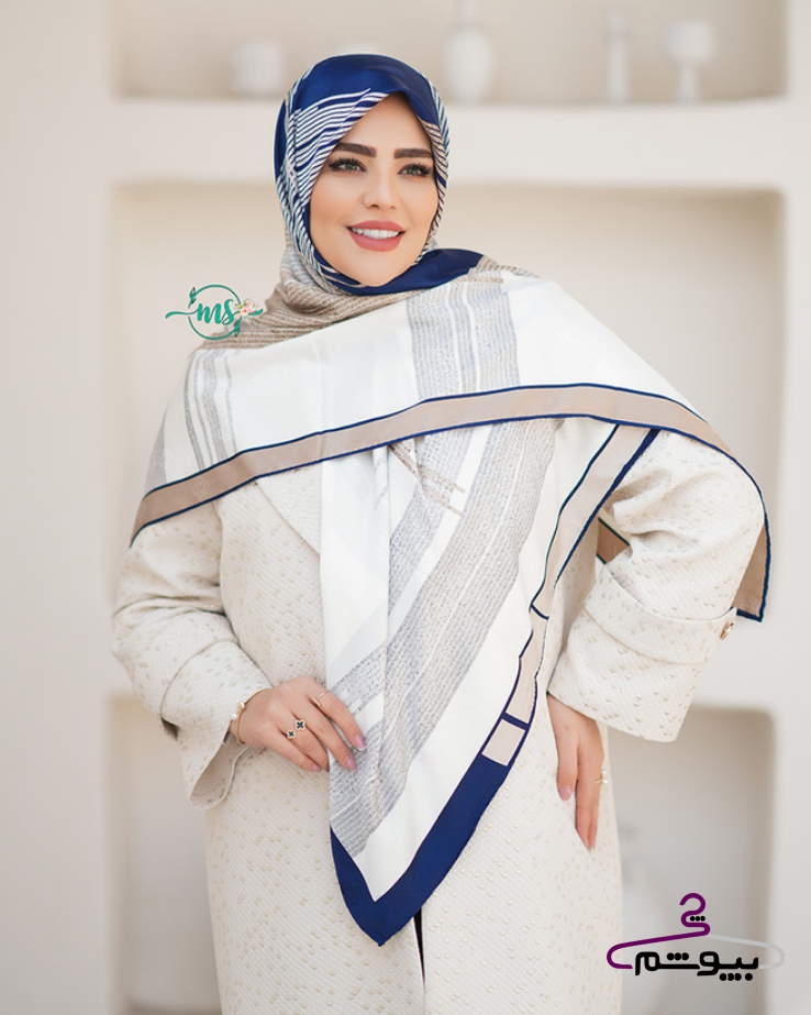 روسری ابریشم ژاکارد اکر طرح خطی رنگ سرمه ای
